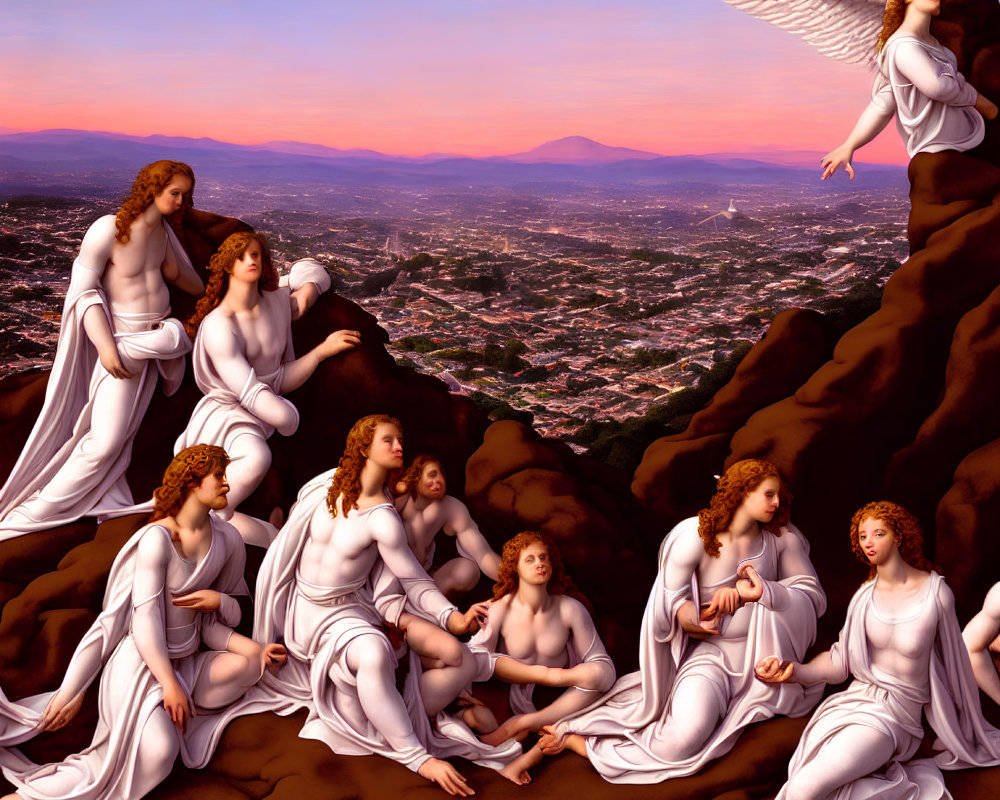 Angels in modern cityscape with prominent angel at sunrise/sunset