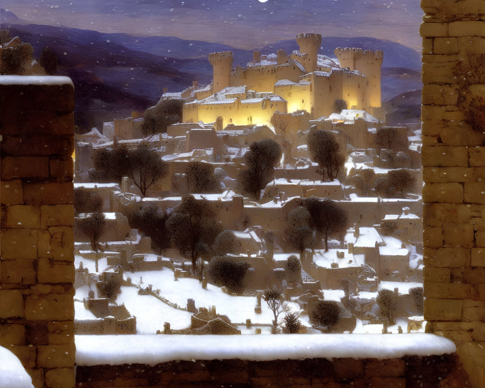 Snowy Medieval Village Night Scene with Illuminated Castle on Hill