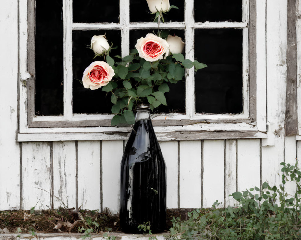 Black Bottle with Three Roses on Old White Wooden Window Ledge