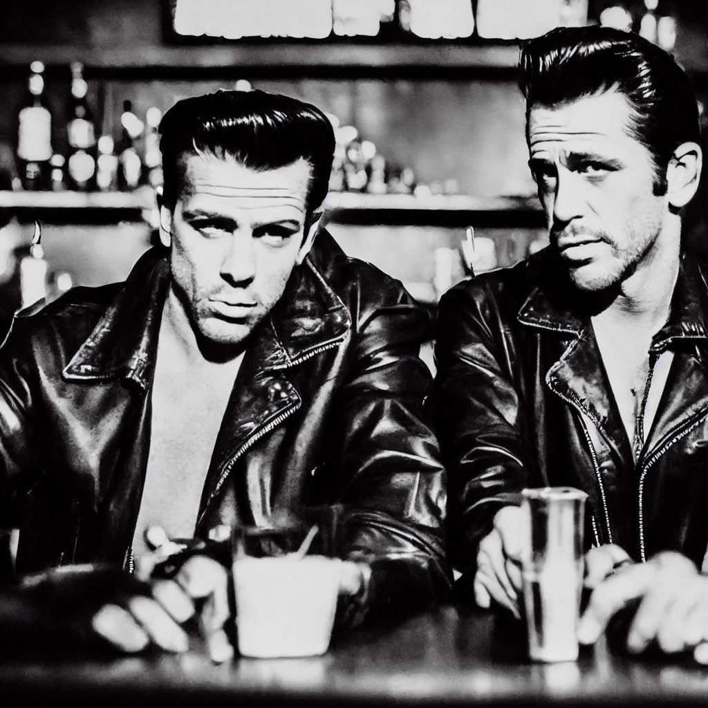 Two men in leather jackets at a bar, one with a drink, in black and white.