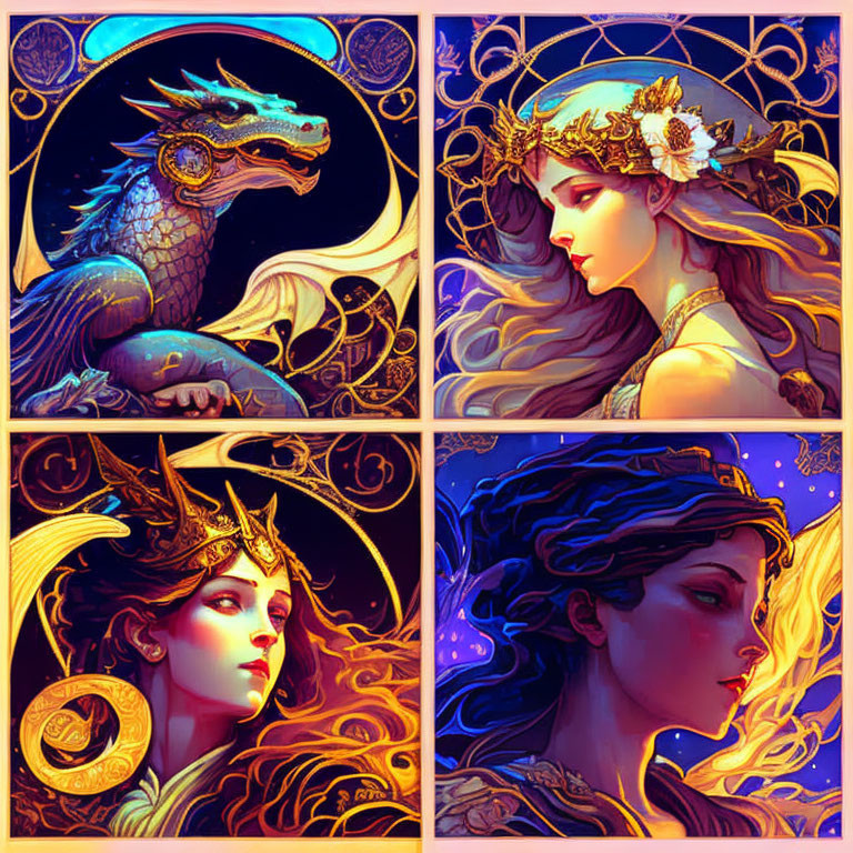 Stylized dragon and women with intricate headdresses in golden bordered panels