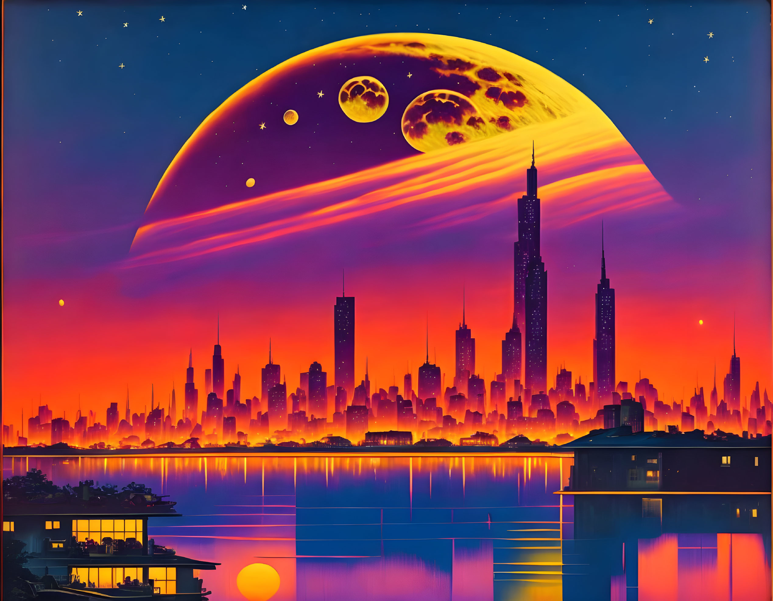 Futuristic city skyline at sunset with celestial bodies reflecting on water