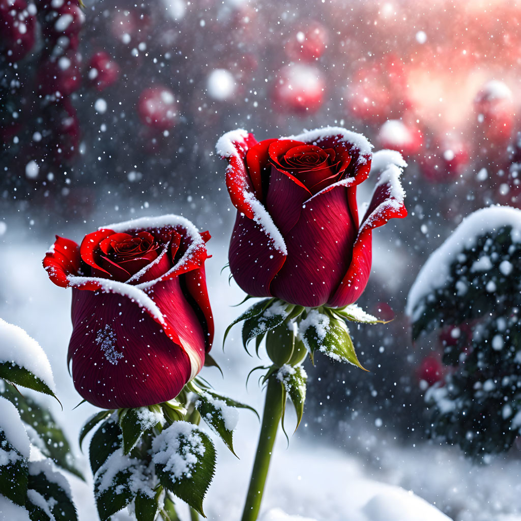 Red roses with snow on petals in snowy scene