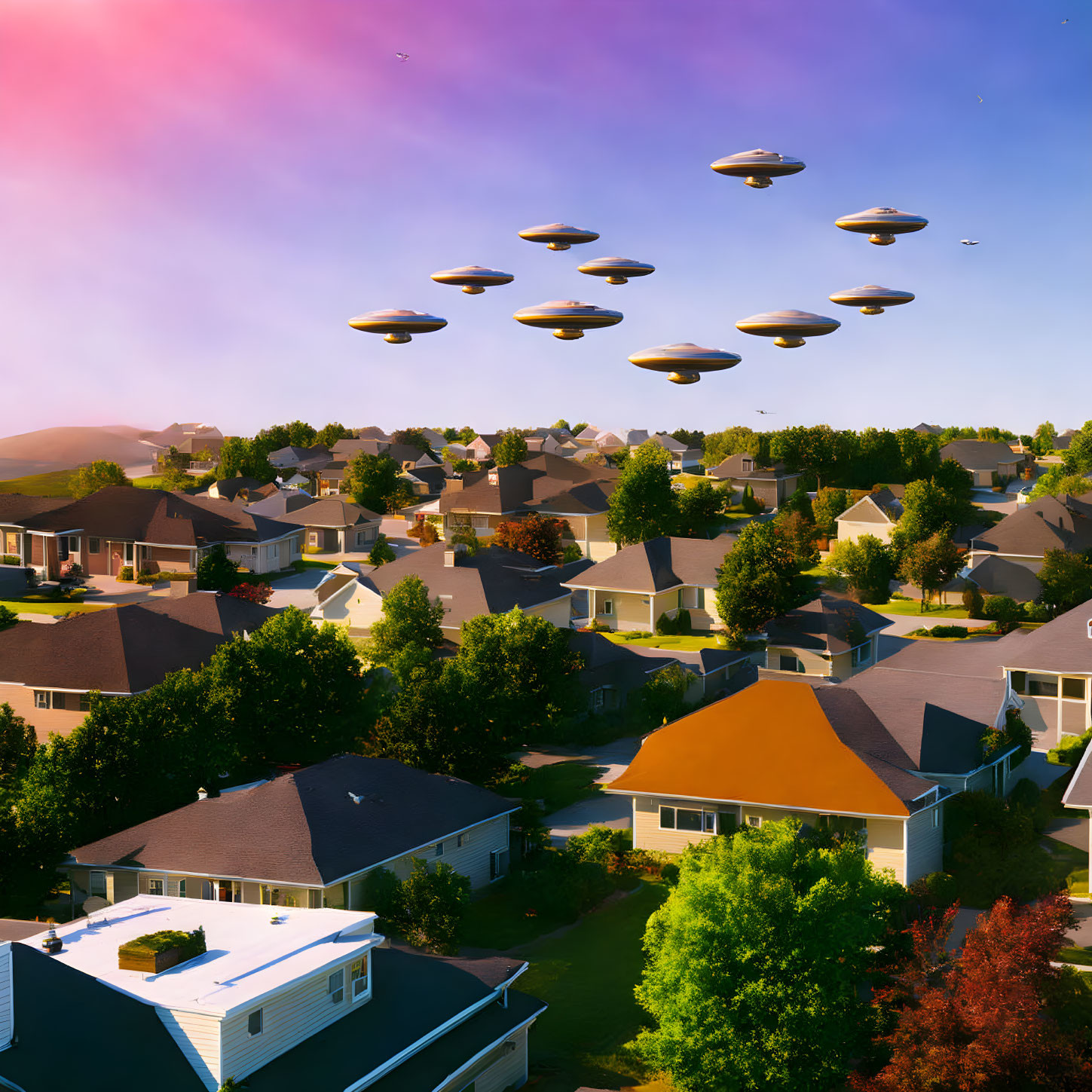 Colorful Sunset Sky with Fleet of UFOs in Suburban Neighborhood