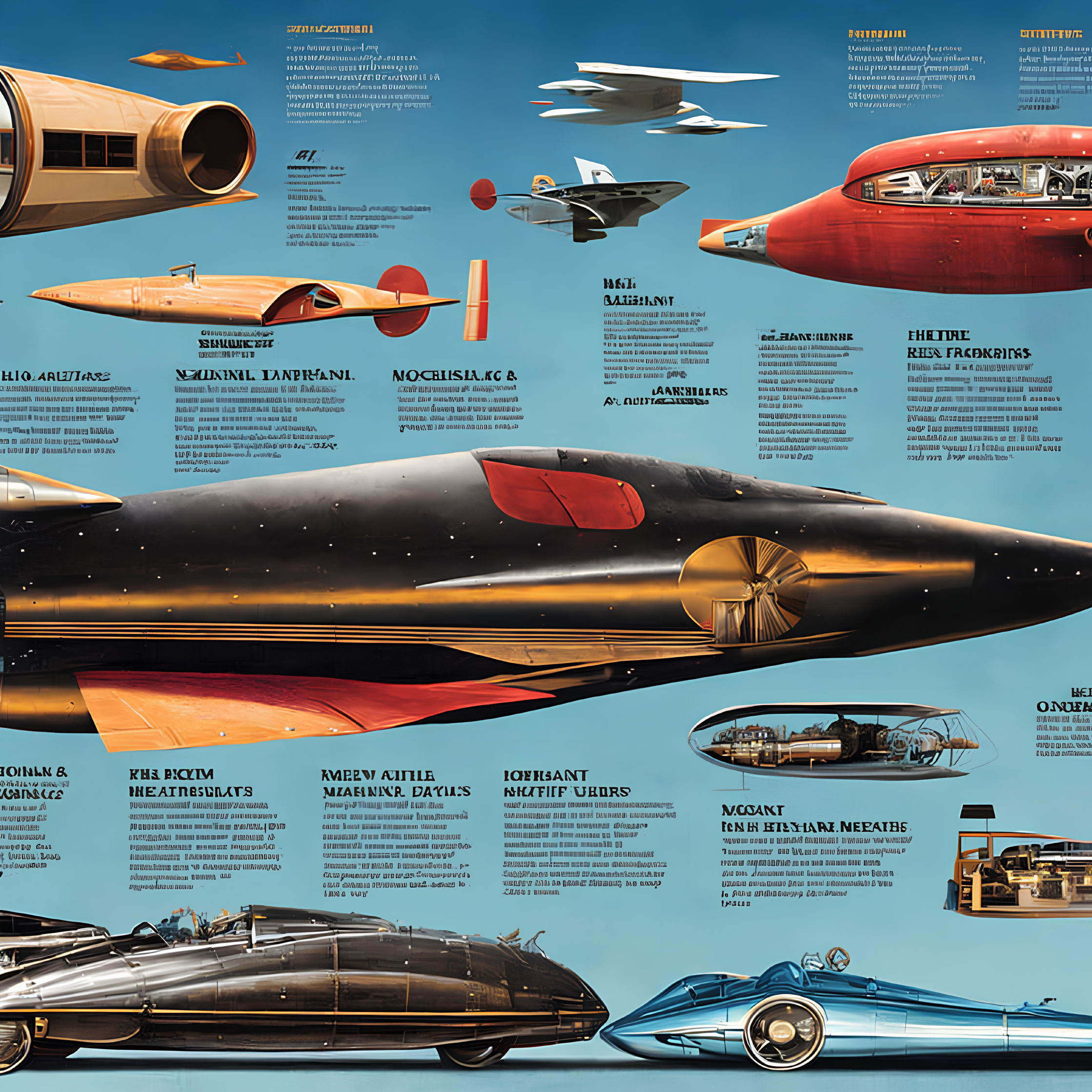 Collection of Futuristic Vehicles: Submersibles, Aircraft, and Space-bound Vessels with Unique