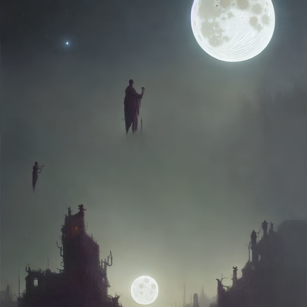 Mystical figures above old cityscape under large moon