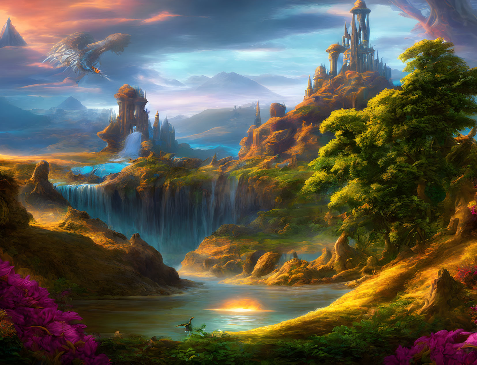Fantasy landscape with castle, waterfalls, river, flora, and dragons