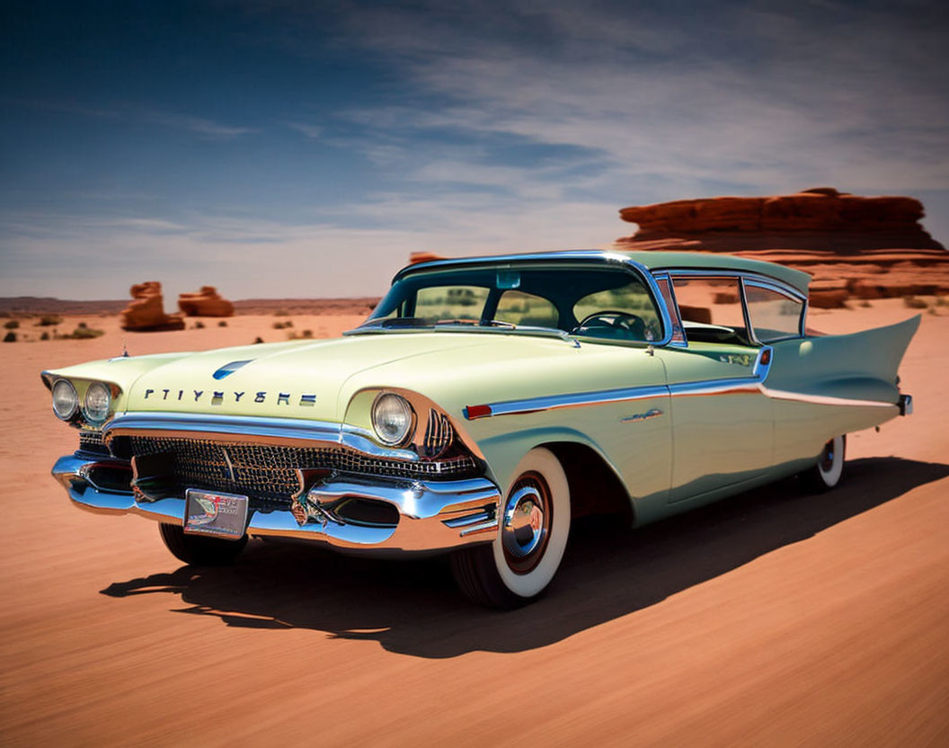 Vintage Turquoise Car with Chrome Detailing on Desert Road