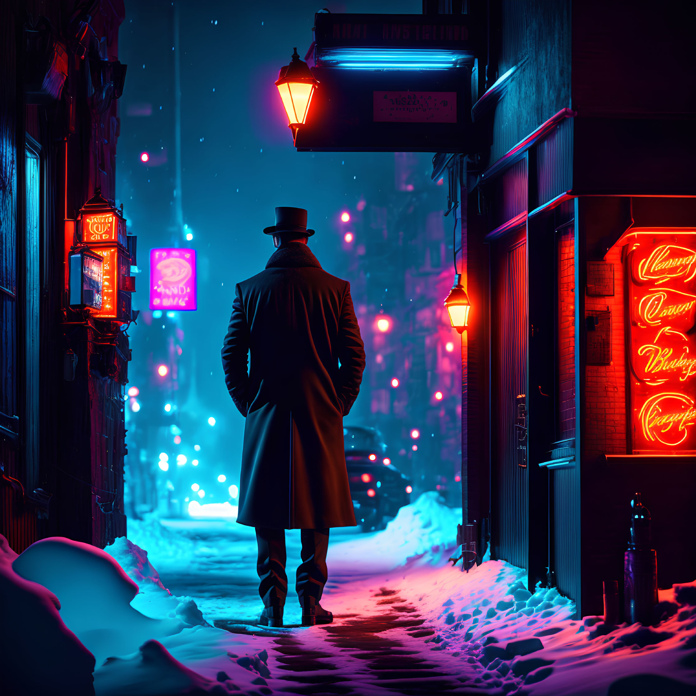 Person in coat and hat walking in snowy, neon-lit alley at night