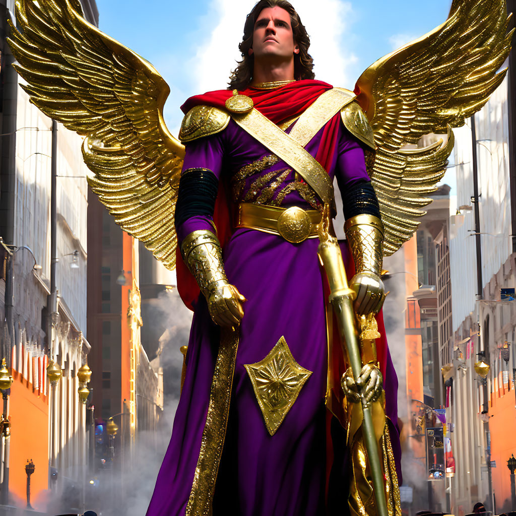 Majestic figure in purple superhero costume with gold eagle emblem and staff in sunlit city street