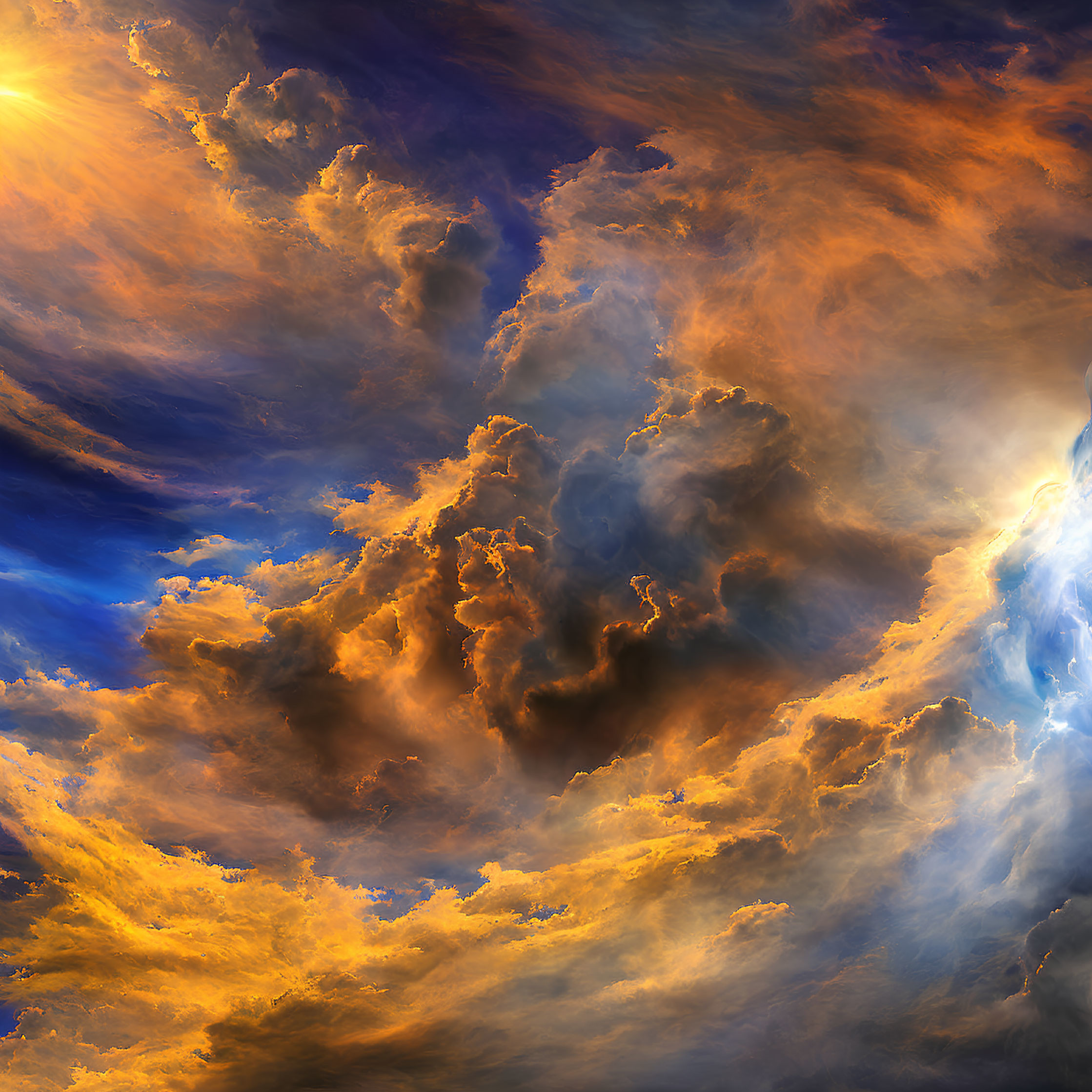 Dramatic swirling clouds in orange, blue, and golden hues