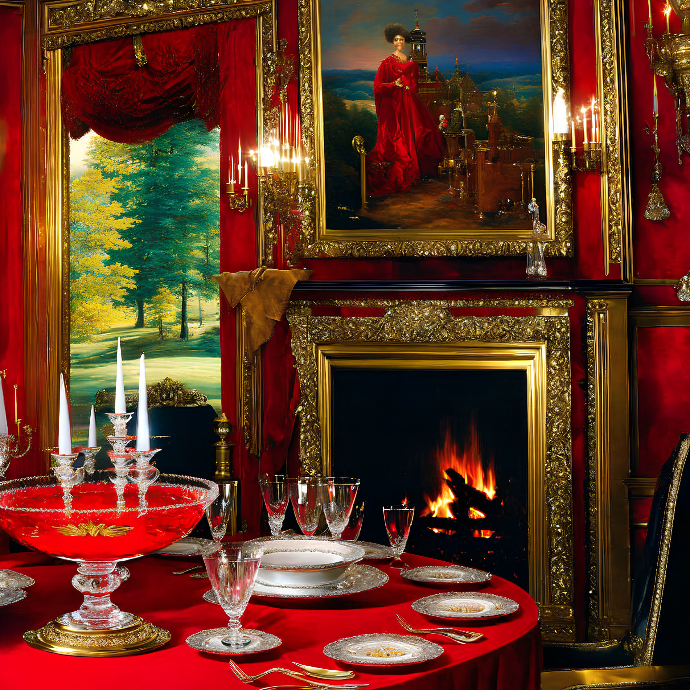 Luxurious dining room with set table, lit fireplace, and large painting of woman in red dress.