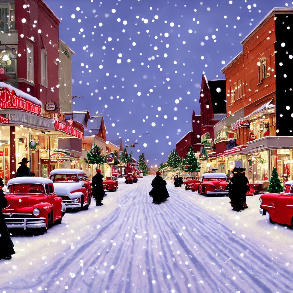 Snowy Twilight Street Scene with Vintage Red Cars and Pedestrians