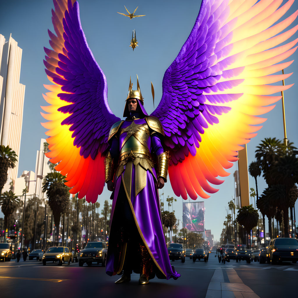 Majestic figure with purple and gold wings in city street at sunset
