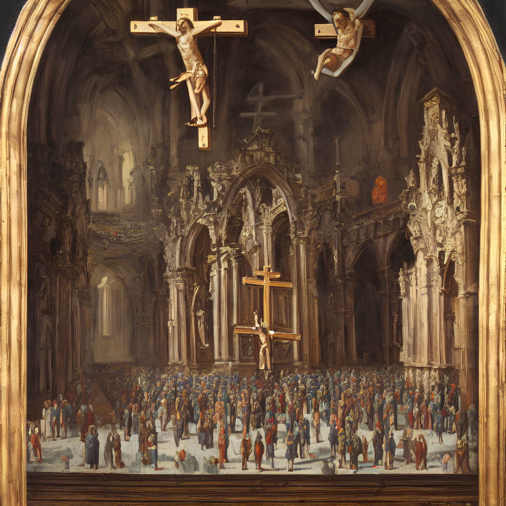 Detailed Oil Painting: Church Interior During Service, Attendees & Crucifixes