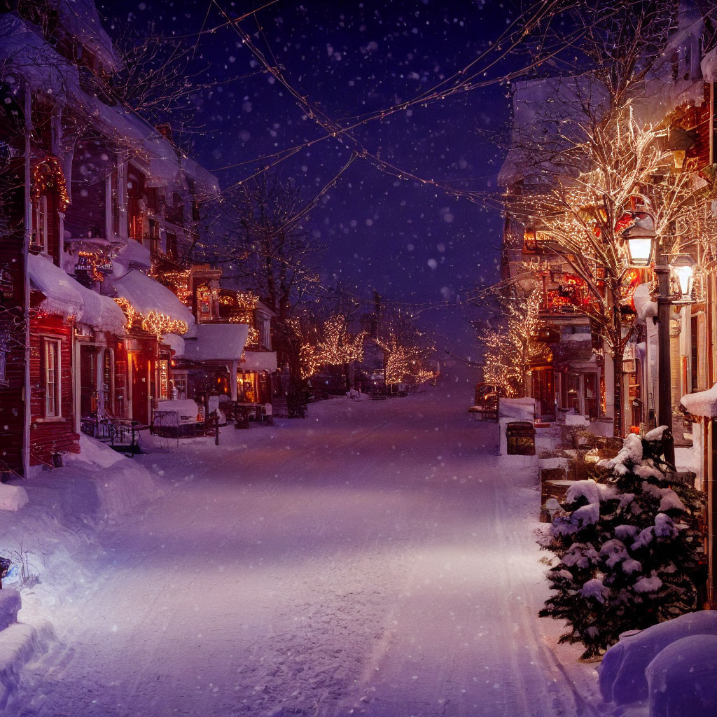 Snowy Evening Street Scene with Warm Lights and Starry Sky