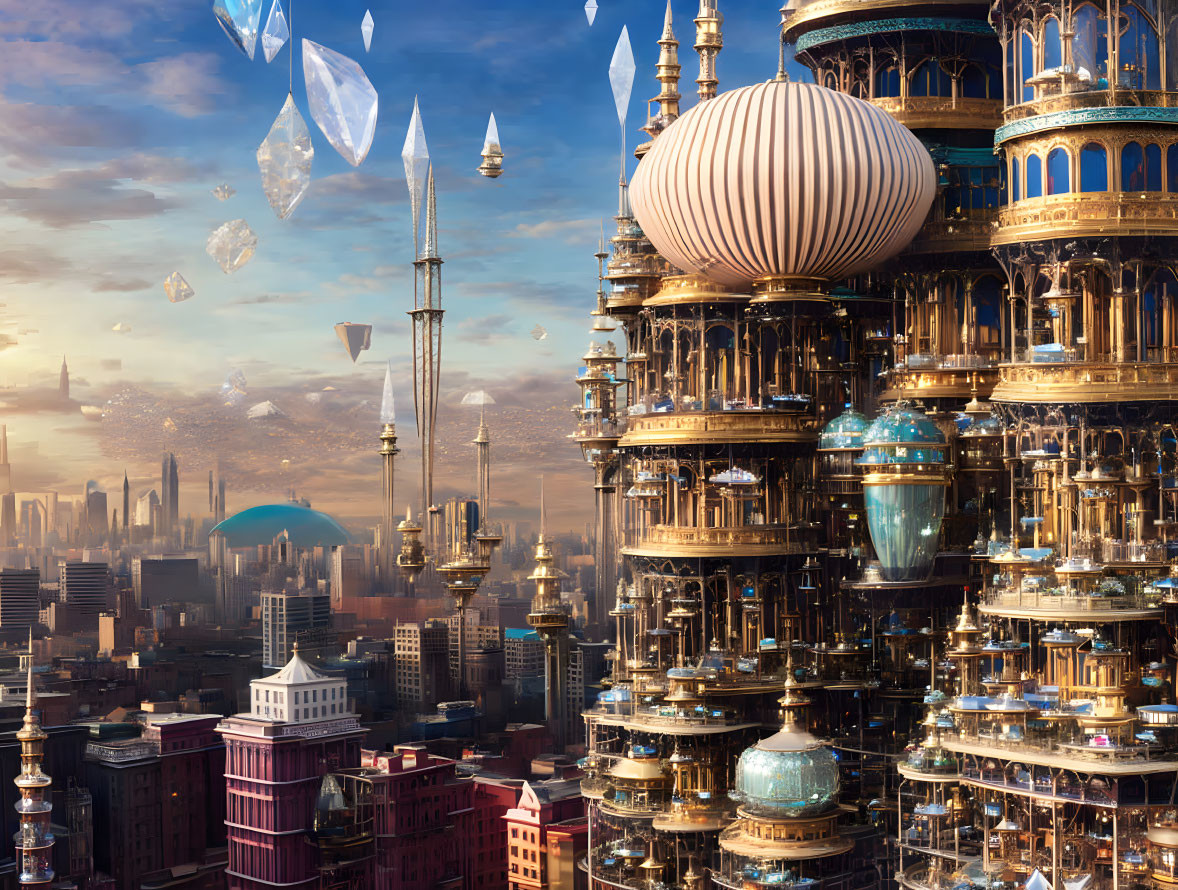 Ornate futuristic cityscape with floating crystals under warm hazy sky