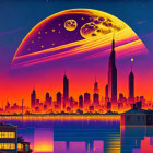 Futuristic city skyline at sunset with celestial bodies reflecting on water