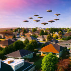 Colorful Sunset Sky with Fleet of UFOs in Suburban Neighborhood