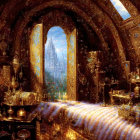 Golden fantasy palace interior with pillars and arches overlooking spire-filled landscape