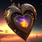 Heart-shaped locket with cosmic star-filled center on twilight sky background
