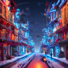 Snow-covered cyberpunk street with illuminated buildings and holiday decorations