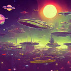 Futuristic sci-fi cityscape with floating platforms and alien planets