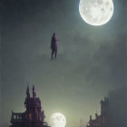 Mystical figures above old cityscape under large moon