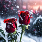 Red roses with snow on petals in snowy scene