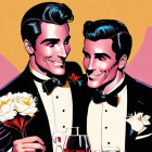 Two men in tuxedos with champagne glasses on pink background, one with blue hair highlights