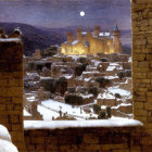 Snowy Medieval Village Night Scene with Illuminated Castle on Hill