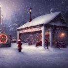 Snowy Twilight Scene: People in Red at Vintage Gas Station with Christmas Decorations