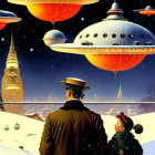 Man and child in winter attire under night sky with flying saucers and cityscape.