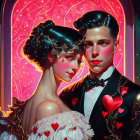Stylized individuals in formal attire with heart motifs and intricate hairdos framed by candles