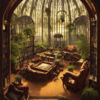 Circular sunlit library with towering bookshelves, arched windows, plants, and readers.