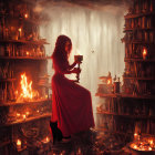 Woman in Red Dress Holding Candle in Dimly Lit Room with Black Cat