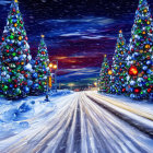 Winter scene: Snowy road, Christmas trees, twilight sky, falling snowflakes, streetlamp