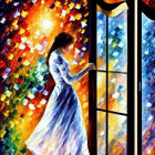 Woman in white dress by vibrant stained-glass style door amid warm, colorful scene.