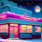 Snow-covered diner with neon lights and pink moon at night