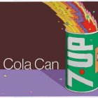 Colorful ad featuring exploding soda can and hand pointing on dark background