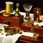 Assortment of Antique Gold and Brass Objects on Wooden Surface