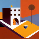 Geometric composition with building, bowl, tree on multicolored backdrop