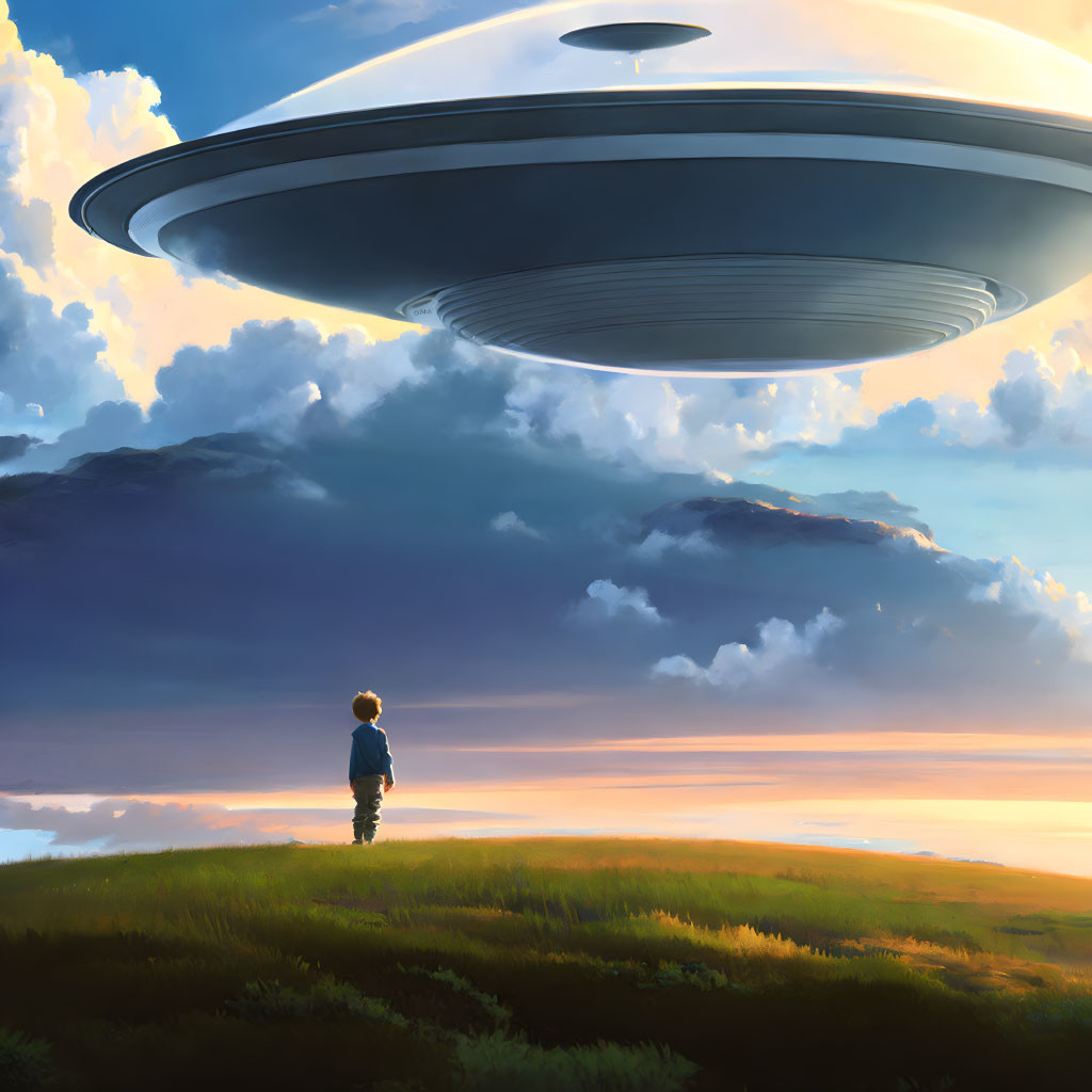 Child gazes at UFO in sunset field scene