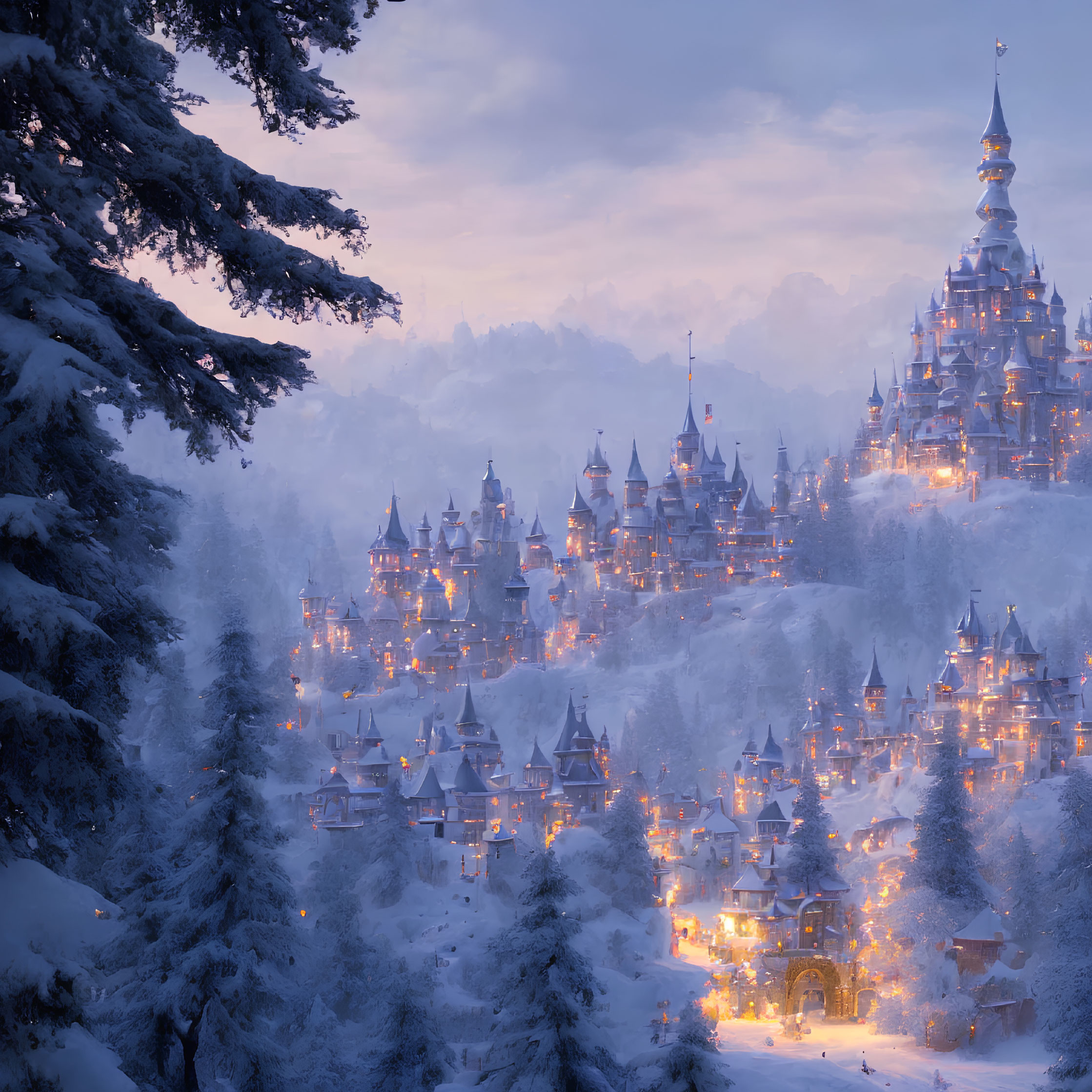 Grand illuminated castle in mystical winter scene
