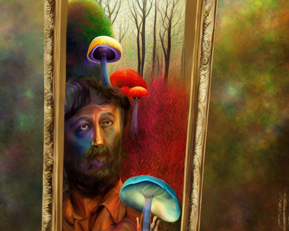 Surreal portrait with man and mushrooms in autumn forest landscape