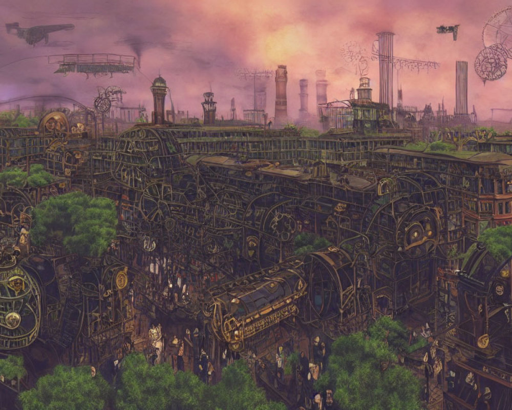 Intricate steampunk cityscape with airships and Ferris wheel at sunset