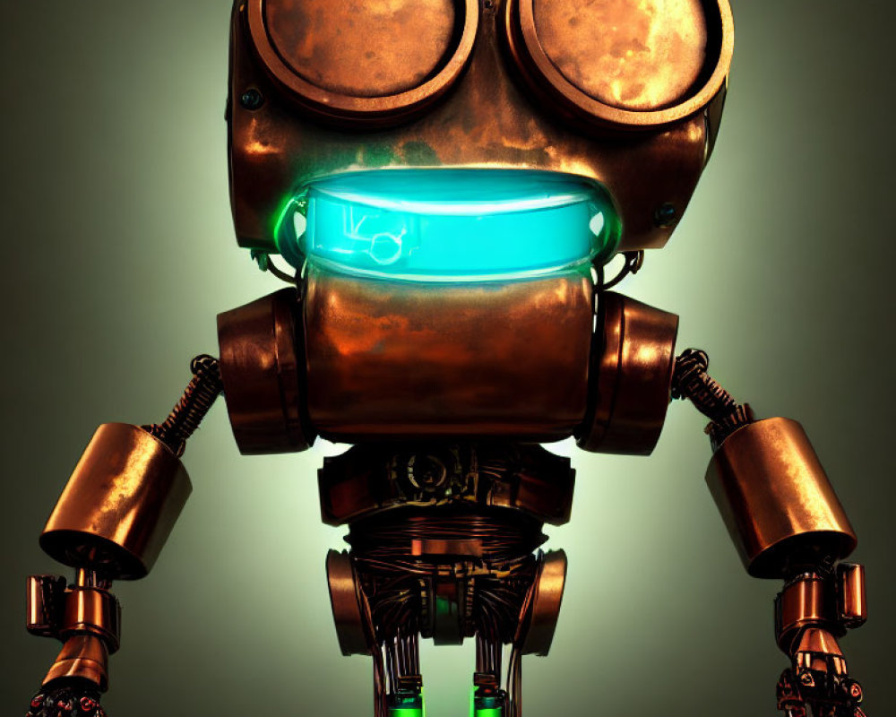 Vintage-Style Robot with Rust-Like Finish and Glowing Blue Mouthpiece