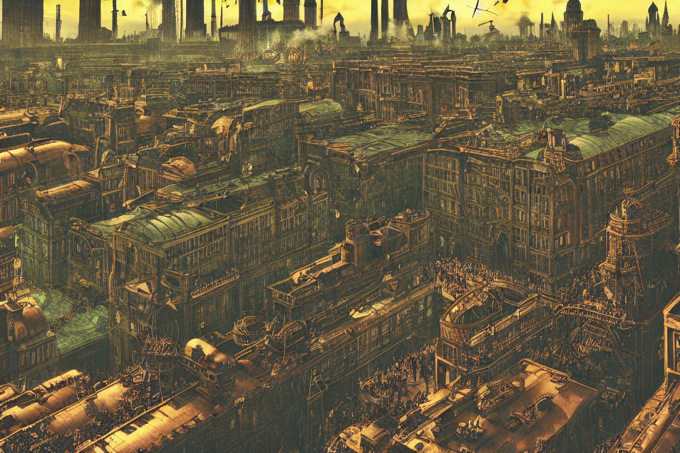 Dystopian steampunk cityscape with industrial architecture