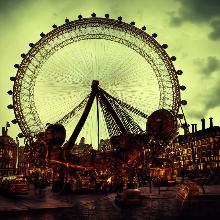Sepia-Toned Ferris Wheel Against Dramatic Sky