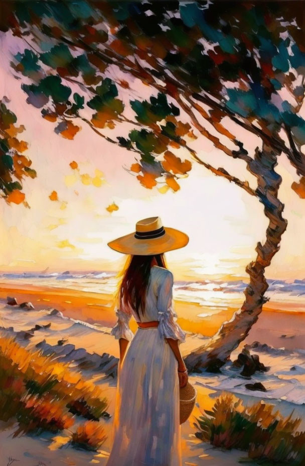 Woman in White Dress and Wide-Brimmed Hat at Beach Sunset